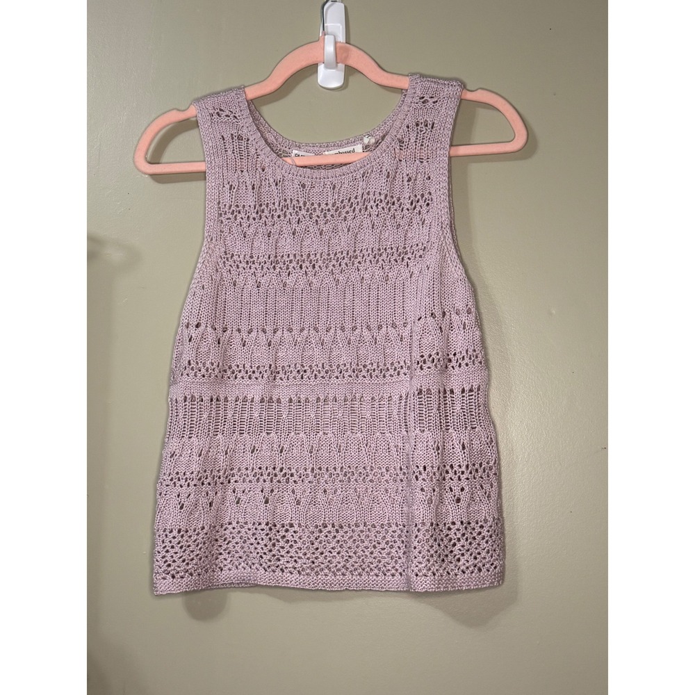 Embossed Fairy Lilac Pink Pointelle Open Knit Sleeveless Sweater Tank Top Large